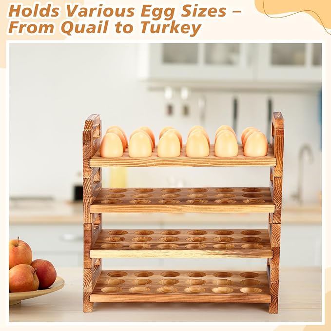 Reallnaive 4 Tier Wooden Egg Holder for Countertop, Pine Stackable Fresh Egg Storage Farmhouse Collecting Rack for Gathering Kitchen Organizer Duck Eggs Display, Stackable with 72 Eggs(Brown) - Image 6