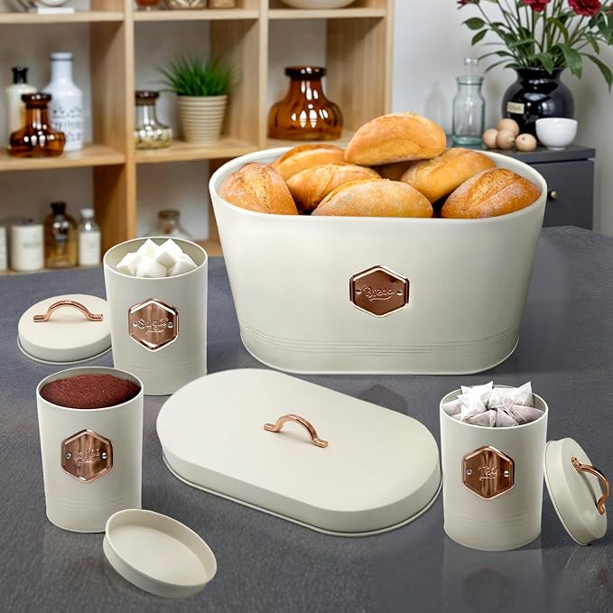 Bread Box for Kitchen Countertop with Coffee Sugar Tea Storage Containers, Bread Box and Canisters Set for the Kitchen with Lid, Beige - Image 4