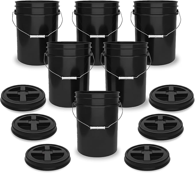 5 Gallon Bucket - Food Grade w/Lid BPA-Free, Black/Black, 6 | Airtight Gamma Seal Screw-On Lid, Heavy-Duty 90 Mil HDPE Plastic, Food Safe and Durable Container, Bulk Storage, Made in USA by ePackageSupply