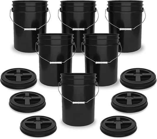 5 Gallon Bucket - Food Grade w/Lid BPA-Free, Black/Black, 6 | Airtight Gamma Seal Screw-On Lid, Heavy-Duty 90 Mil HDPE Plastic, Food Safe and Durable Container, Bulk Storage, Made in USA by ePackageSupply