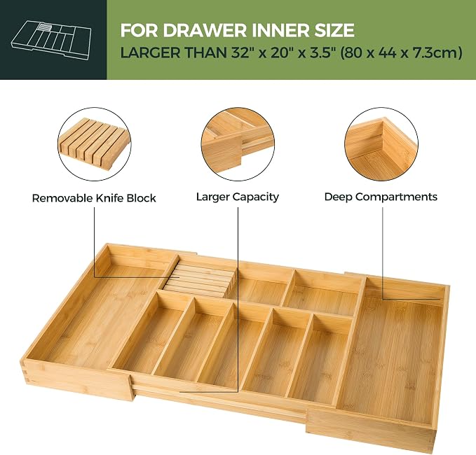 VaeFae Extra Large Kitchen Utensil Holder, Bamboo Silverware Drawer Organizer, Expandable Cutlery Organizer with Knife Block, Multifunctional Drawer Divider - Image 4