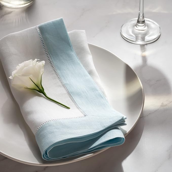 Linen Napkins 20 x 20 inch - 100% Flax Linen White and Light Blue Dinner Napkins Cloth Set of 4 - Classic Hemstitch Dinner Napkin for Spring and Easter Decor - Image 2