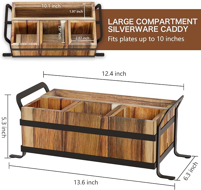 Acacia Wood Silverware Caddy for Party, 4 Compartment | Rustic Wooden Utensil Caddy with Metal Handles, Countertop Cutlery Flatware Organizer Box for Forks, Spoons, Buffet Table - Image 2