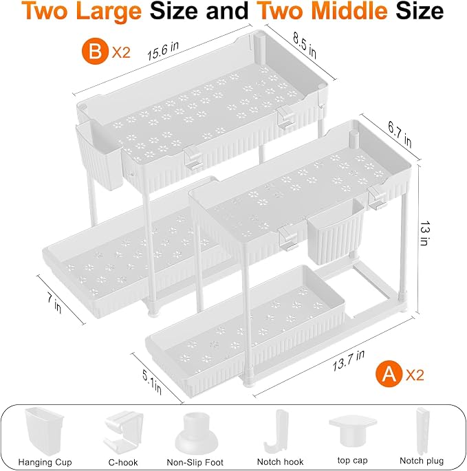 4-Pack 2-Tier Under Sink Organizer with Pull Out Drawers | Multi-use kitchen & bathroom storage. Includes hanging hooks and cups. White, space-saving cabinet design. 12.8 Inch - Image 6