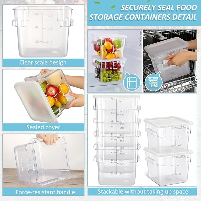 Yungyan 12 Pcs 6 Qt Commercial Food Storage Containers with white Lids Restaurant Square Airtight Food Storage Containers Clear Cereal Container for Kitchen Freezer Dishwasher Pantry - Image 3