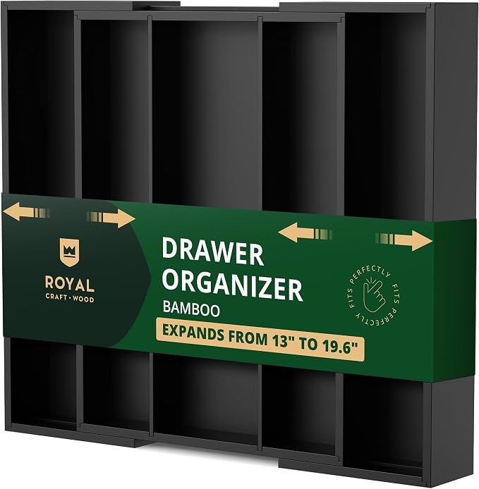 ROYAL CRAFT WOOD Luxury Bamboo Kitchen Drawer Organizer - Silverware Organizer - Utensil Holder and Cutlery Tray with Grooved Drawer Dividers for Flatware and Kitchen Utensils (5 Slot, Black) by ROYALCRAFTWOOD