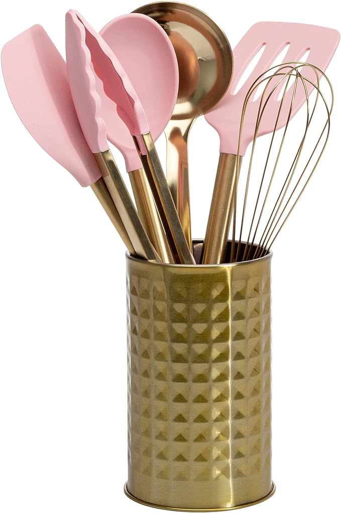 Paris Hilton Kitchen Set Tool Crock with Silicone Cooking Utensils, Stainless Steel Whisk and Ladle, 7-Piece, Pink and Gold by TheWorldofParisHilton