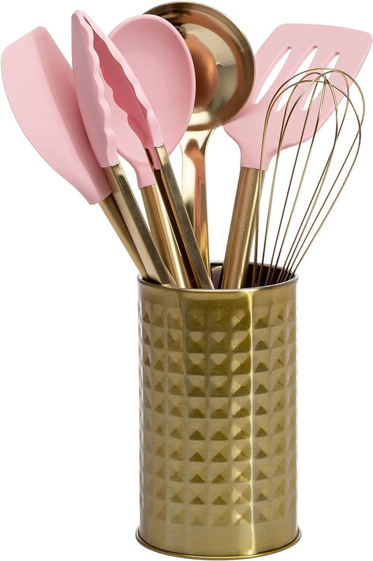 Paris Hilton Kitchen Set Tool Crock with Silicone Cooking Utensils, Stainless Steel Whisk and Ladle, 7-Piece, Pink and Gold by TheWorldofParisHilton