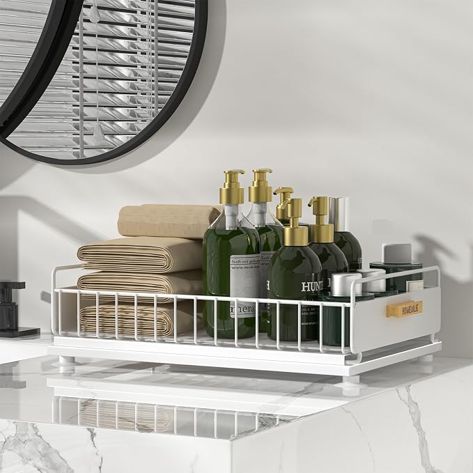 Under Sink Organizer, 2 Packs Under Sink Organizers and Storage, Slide Out Pull Out Cabinet Organizer Shelf with Metal Drawers for Kitchen Bathroom Pantry, White - Image 7
