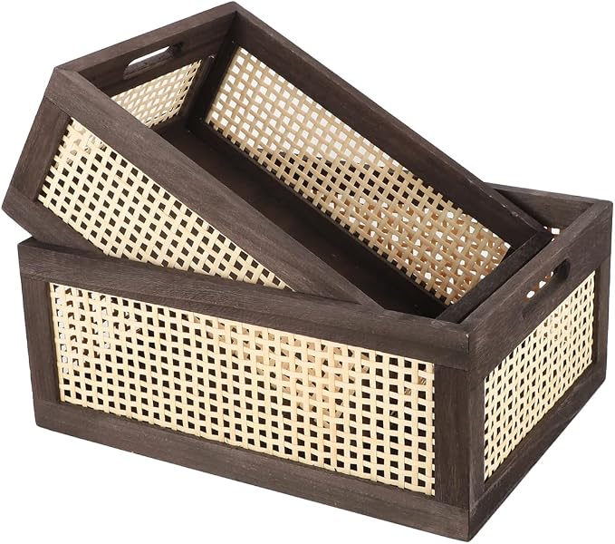 Desktop Storage Basket, Sundry Office Drawer Storage Box, Wood Frame Storage Basket. (Brown-Set2) by HODAKJUE