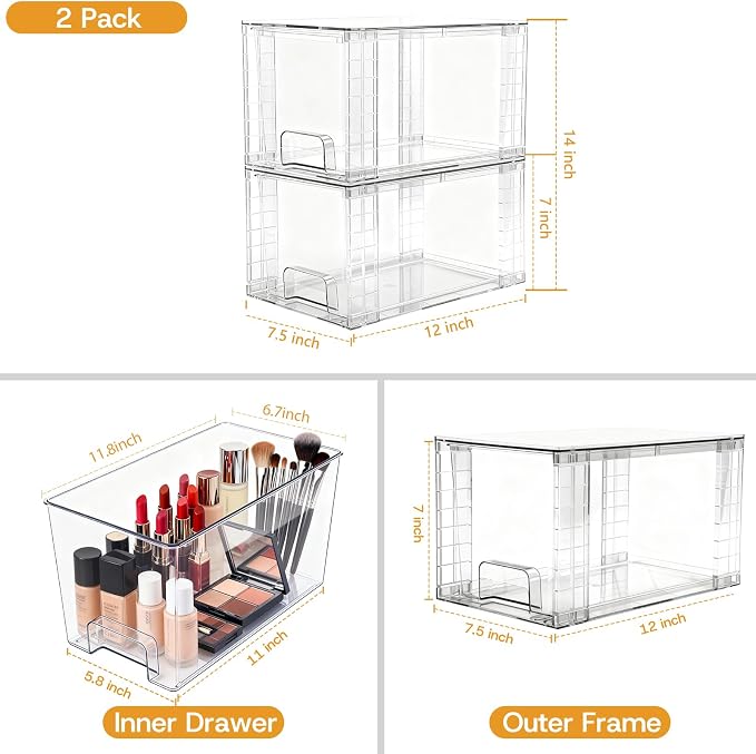2 Pack Stackable Acrylic Storage Drawers – Clear Plastic Organizer Bins, Easy to Assemble, Suitable for Bathroom, Undersink, Kitchen, Pantry, Makeup, Medicine Organization - Image 3