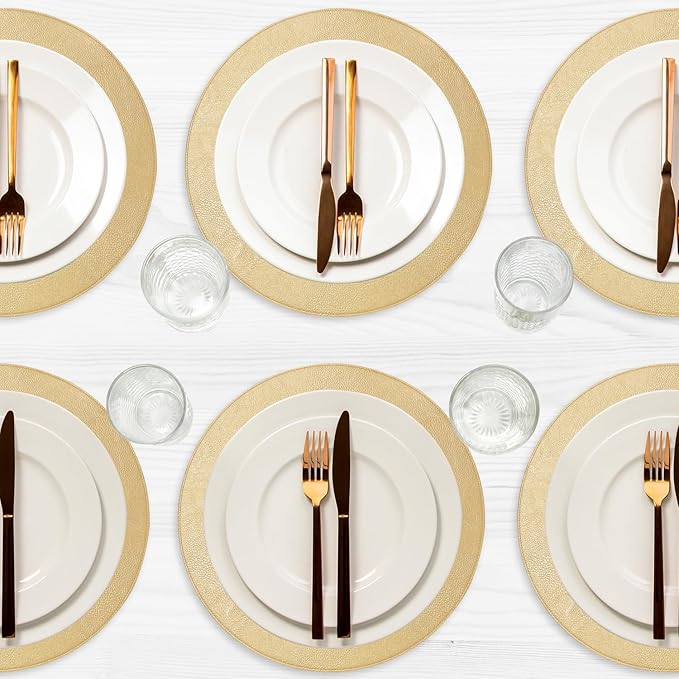 Placemats Set of 6 – Round 15” Faux Leather Table Mats for Dining, Heat Resistant & Non-Slip Washable Table Decor, Indoor, Outdoor, Dining Table Set for 6, Modern Kitchen & Holiday Use, Gold by Homewear