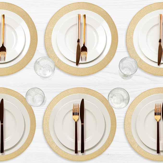Morgan Faux Leather Round Set of 12 Placemats, 15",Gold, Heat Resistant, Stain Resistant, Non-Slip, Reversible, Durable Table Mats for Kitchen, Dining Table, Indoor Washable Use - Image 2