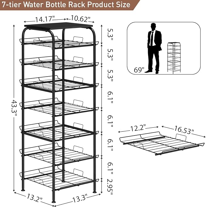 Vrisa Water Bottle Organizer 7 Tier Free Standing Water Bottle Holder Stand with Storage Shelves Beverage Drink Soda Can Rack Dispenser Metal Storage Shelf for Kitchen Pantry Party Office, Black - Image 3