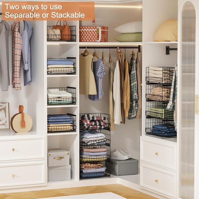 Hongtamoya 4-Tier Sliding Closet Organizers and Storage Shelves, Stackable Closet Shelf Organizer Basket Bins, Drawer Shelf Storage Container for Wardrobe Cupboard Kitchen Bathroom Office, Black - Image 2