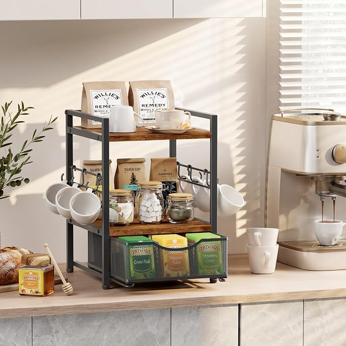 Plaviya 3-Tier Tea Bag Organizer with Drawer for Countertop | Tea Bag Holder and Storage, 9 Compartments, 6 Hooks for Cup, Utility Tea Box, Office, Kitchen, Rustic Brown - Image 2