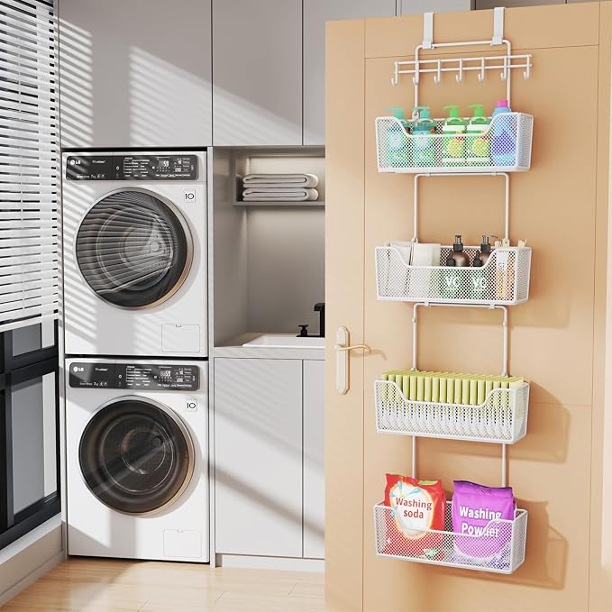 HapiRm Over Door Organizer Storage - Hanging Door Organizer with 4 Metal Large Capacity Baskets and Adjustable Coat Hook for Bathroom Bedroom Kitchen Pantry Closet Cabinet - Image 2