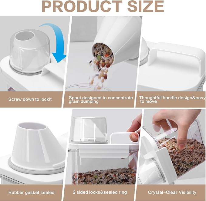 Air Tight Cereal Container Organizer Set of 6 - 1800ML & 2300ML Total 417oz, Dry Food Storage for Pet Food, Rice, Oatmeal with Pour Spout Lid and Plastic Small Measuring Cup for Flour and Sugar - Image 5