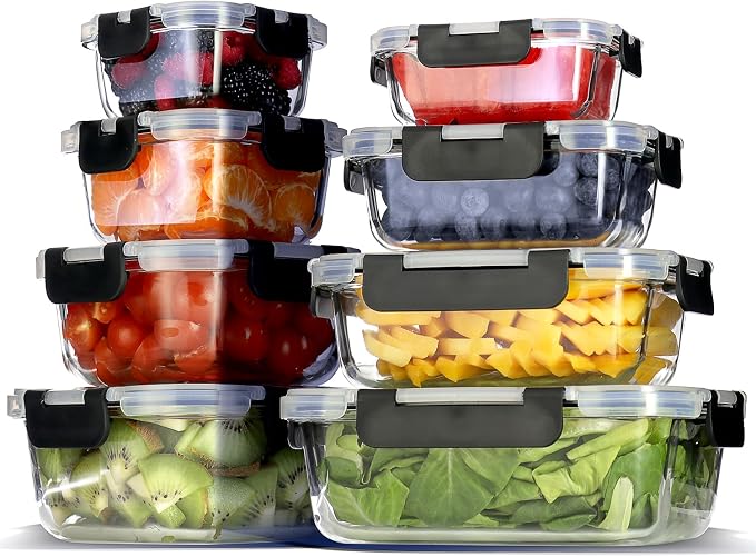 EATEX 16pc Glass Food Storage Containers with Lids, Airtight Glass Meal Prep Containers, 8 Reusable Food Containers with 8 Leakproof Snap Lock Lids, Oven Microwave Freezer Safe Lunch by Eatex