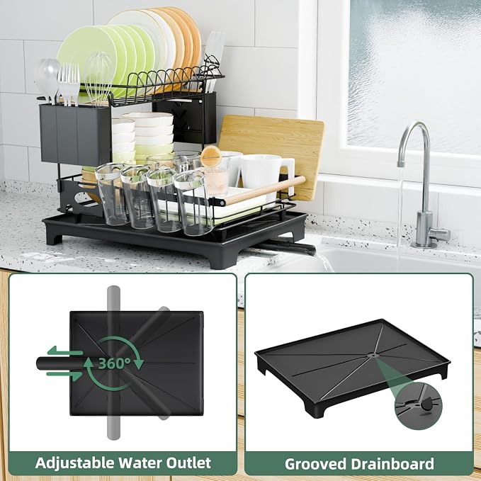 2-Tier Dish Rack with Drainboard: Large Capacity Anti-Rust Kitchen Counter Organizer with Cup, Utensil & Cutting Board Holders, Heavy Duty Dish Drying Rack, Black - Image 2