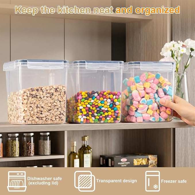 VINATO Set of 3 Airtight Containers 2.5L - BPA Free Food Jars with 24 Labels and 3 Measuring Cups - Clear, Stackable - for Cereal, Flour, Sugar, Coffee - Image 3