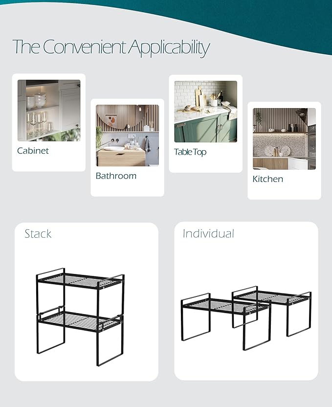 Shantton Cabinet Shelf Organizer, Pantry Shelf Rack, Black 13x8.3x7.3 | 2-Pack Stackable Metal Riser Holds 40LBS with Non-Slip Feet for Kitchen Pantry Bathroom Countertop Freezer Cupboard - Image 4