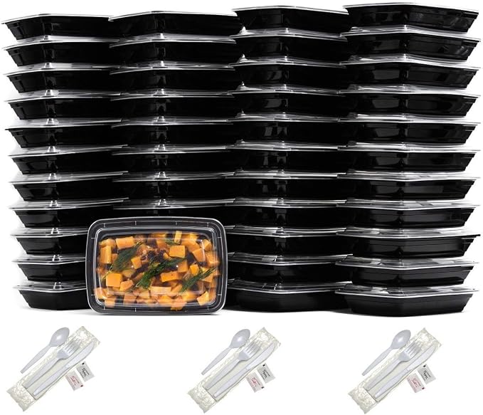 Meal Prep Containers with Cutlery [150 Pack] Single 1 Compartment Food Storage Lunch Box | Bento Box | BPA FREE| Freezer/Microwave/Dishwasher Safe – Airtight/Watertight/Stackable (32oz) by EcoQuality