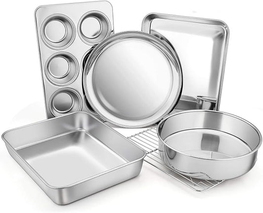 Toaster Oven Bakeware Set, E-far 6-Piece Stainless Steel Small Baking Pan Set, Include Cake Brownie Pan/Cookie Sheet with Rack/Muffin Tin/Pizza Pan, Non-Toxic & Healthy, Easy Clean & Dishwasher Safe by E-far