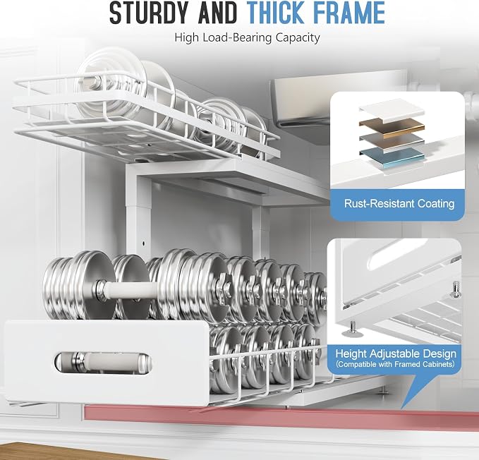 Under Sink Organizer Upgrade To Professional Rails,2-Tier Dual Pull Out Cabinet Storage,Height Adjustable Slide Out Drawers For Bathroom Kitchen,2 Pack-18.5"Dx12.8"-16.9"H,White - Image 4
