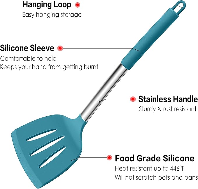 LIANYU 15-Piece Kitchen Cooking Utensils Set with Holder | Silicone Kitchen Tools Stainless Steel Handle, Slotted Spatula Spoon Turner Tong Whisk Brush for Cooking, Dark Blue - Image 3