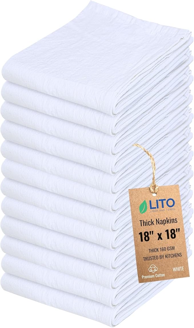 Thick Cotton Napkins – Flour Sack Napkin for Kitchen, Set of 12 (18"x18"), 100% Cotton, Highly Absorbent Hand Towels, Reusable Baking Cloths for Bread Proofing, Pastry & Tea Towels – White by LITOLinenandTowel
