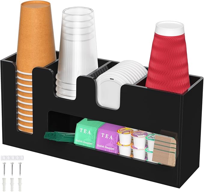 2-Tier Coffee Station Organizer for Countertop, 5 Compartments Black Acrylic Cup and Lid Holder Tea Condiment Storage Upright Coffee Bar Organizer Pod Dispenser for Office Breakroom Home Kitchen by ENJOYYOURLIFE