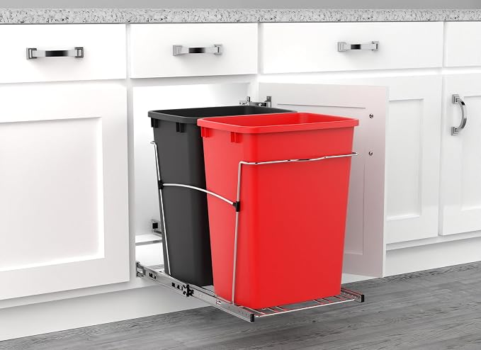 Rev-A-Shelf RV-18KD-1618C-S Double Pullout Trash Can for Kitchen Cabinets 35 Qt Garbage Recycling Bin on Full Extension Slides, Red/Black - Image 6