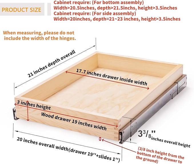 20”W x 21”D x 3”H Soft Close Slide Out Wood Drawer Organizer for Kitchen, (Cabinet Width>20.5 inches for Bottom Assembly, Width= 20 inches for Side Assembly) - Image 3