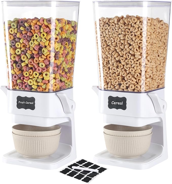 Cereal Dispenser Countertop with Cereal Bowls,16 Labels & Pen, Cereal Containers Storage, Candy Dispenser, Dry Food Dispenser For Pantry - Not Easy to Crush Food (White, 2 Pack) by Unknown