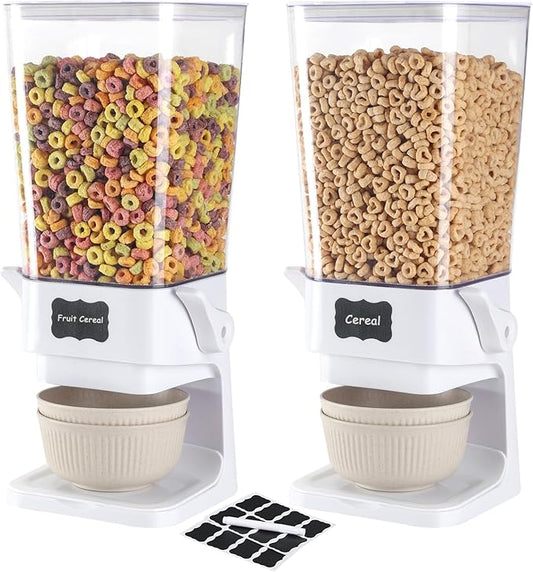 Cereal Dispenser Countertop with Cereal Bowls,16 Labels & Pen, Cereal Containers Storage, Candy Dispenser, Dry Food Dispenser For Pantry - Not Easy to Crush Food (White, 2 Pack) by Unknown