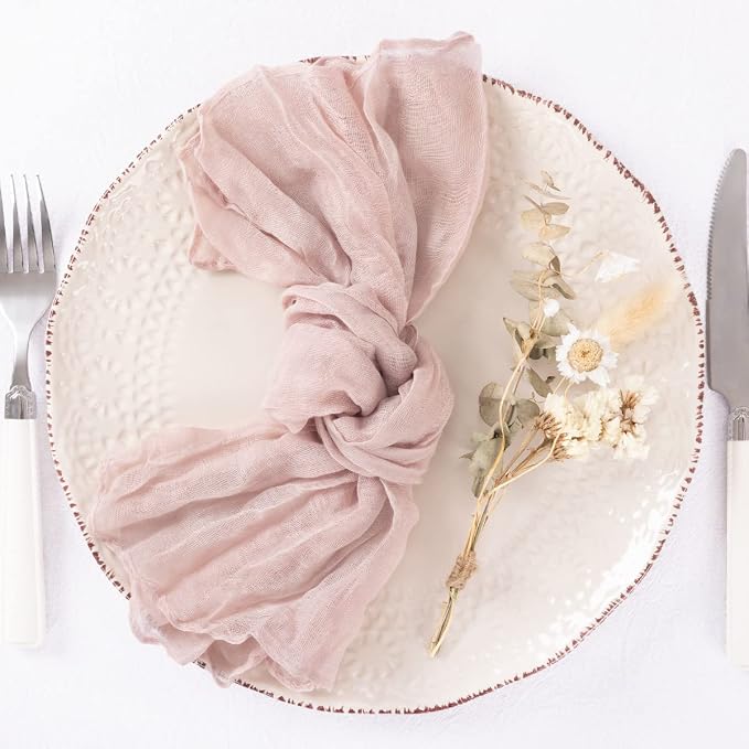 DeZerlor Pink Washable Cheesecloth Napkins Set of 12 for Wedding Party | Reusable Summer Cloth Napkins Bulk, for Bridal Baby Shower Dinner Cocktail Birthday Home, 21x21 Inches - Image 3