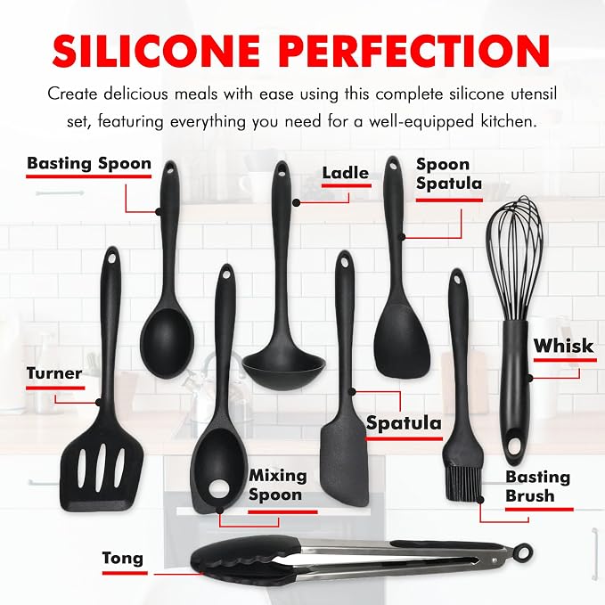 Chef Craft - Premium Silicone Kitchen Tools and Utensils Set, Non-Scratch, Withstands Temperatures up to 450°F, BPA-Free, 9 Piece Cooking Utensils Set, Black - Image 4