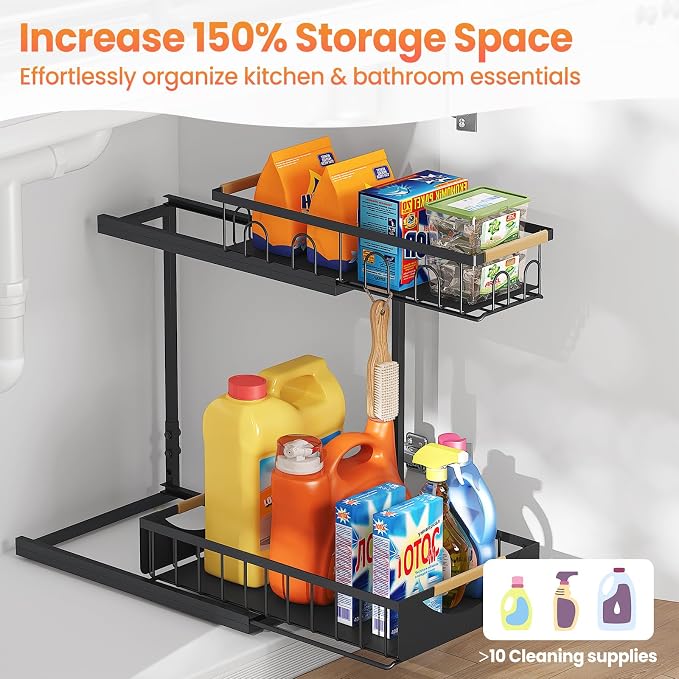 Under Sink Organizer and Storage 2 Tier Cabinet Pull Out Shelf Organizers | 2 Pack 2 Tier under sink storage for Bathroom and Kitchen Slide Out Drawer Organization for Home Cabinets Shelves and Drawers - Image 3