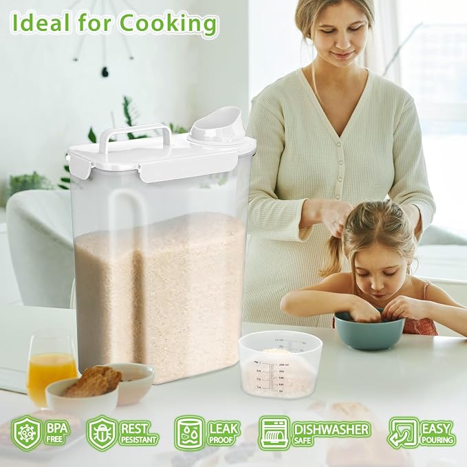 Viretec Rice Storage Container, 15 to 20lb Dry Food Airtight Dispenser, Pet Dog Cat Food Canister, BPA Free Clear Plastic Kitchen and Pantry Organization Bin for Oatmeal, Cereal, Pasta, Flour White - Image 2