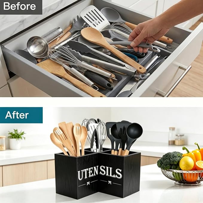 Extra Large Utensil Holder Countertop for Kitchen Counter,Wood Black | 3 Compartments Silverware Caddy Organizer,Corner Kitchen Utensil Holder,Farmhouse Cooking Storage Crock for Spatula,Spoon - Image 5