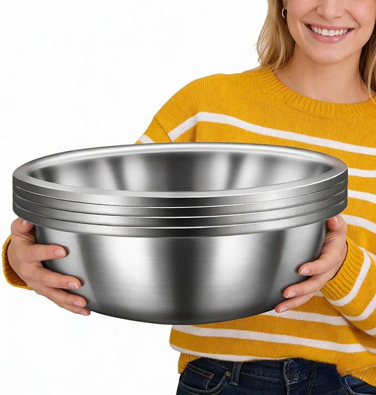 4 Pack 7 Qt 304 Stainless Steel Large Mixing Bowls with Flat Base Polished Mirror Finish Metal Bowls for Home or Commercial Baking Mixing Marinating and Food Preparation by Unknown