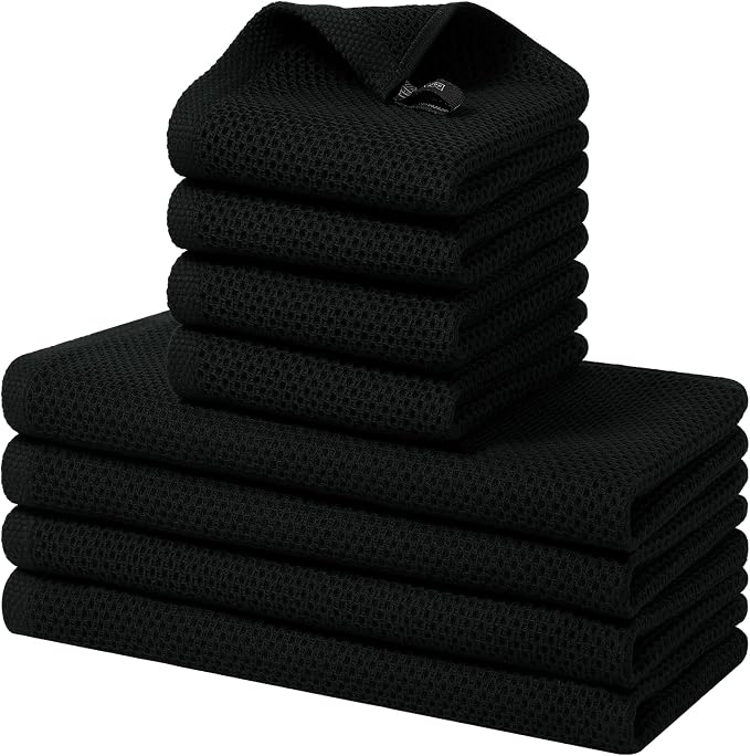 Homaxy 8 Pack 100% Cotton Kitchen Towels and Dishcloths Set, Black | 12 x 12 Inches and 13 x 28 Inches Kitchen Towels Set, Ultra Soft Absorbent Dish Cloths for Washing Dishes by Homaxy