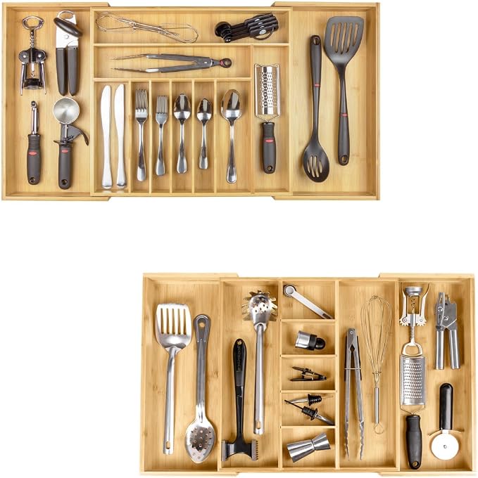 Silverware & Utensil Organizer Bundle, 18-33in & 16-28in | Includes two organizers, expandable 18-33 in; 16-28 in, food-safe bamboo, fits most drawers by KitchenEdge