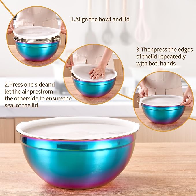 Rainbow Mixing Bowls With Airtight Lids,Stainless Steel Bowl,Salad Bowls 7 Piece Colorful Nesting Bowl Rainbow Kitchen Accessories,Size 7,3.6,2.7,2.1,1.5,1.1,0.8QT Stackable Design - Image 3