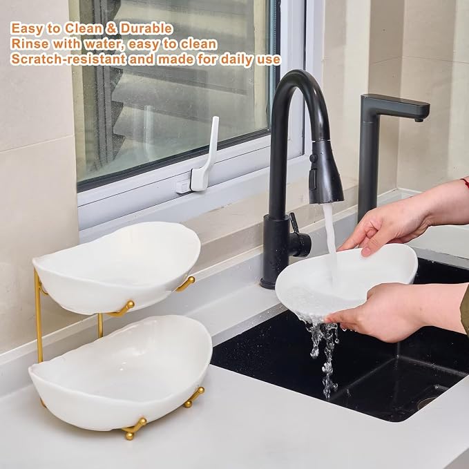 2 Tier Ceramic Fruit Bowl for Kitchen Counter | Fruit Rack with Gold Metal Stand, Fruit Holder for Fruit, Vegetables, Cake, Dessert, Bread Storage (White) - Image 5