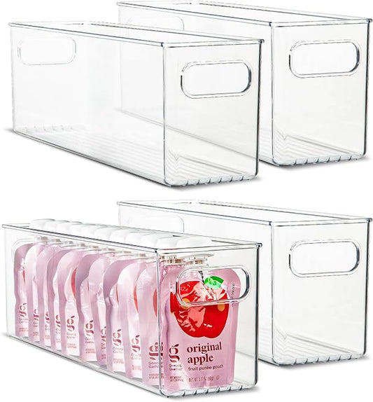 Plastic Food Storage 4 Pack Clear Container Bin with Handles for Organizing Kitchen, Pantry, Refrigerator, Freezer, Pantry, Cabinet, Closet, Bathroom. 14”x4”x5” by primebox