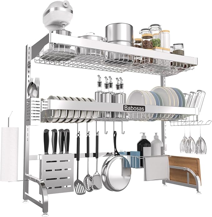 Over The Sink Dish Drying Rack,3 Tier Adjustable Length (25.5'' to 37.4'') Full Stainless Steel Large Storage Kitchen Dish Rack,For Kitchen Counter Expandable Multifunctional Organizers,Silver - Image 6