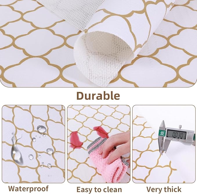 Shelf Drawer Liners for Kitchen Cabinets 17 in X 30 Ft Drawer Liner | Non Adhesive Thickened Refrigerator Liner Gold Quatrefoil Strong Non-Slip Paper for Tool Box with Knife and Tape Measure - Image 3
