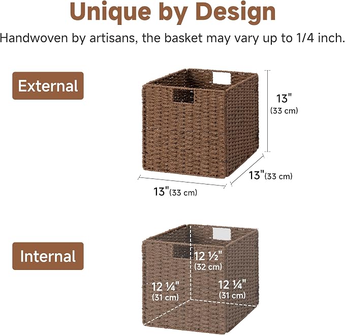 StorageWorks 13 inch Cube Storage Bins, Wicker Baskets for Storage, Brown | 2-Pack, Foldable Square Baskets, Wicker Storage Baskets for Organizing, Paper Rope Square Storage Cubes, Cube Storage Bins - Image 2